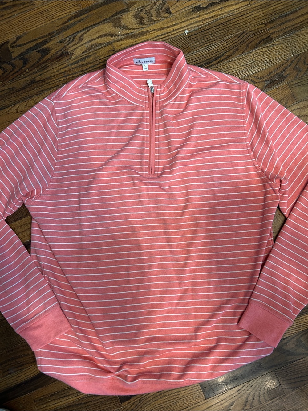 Peter Millar Coral and White Striped Half-Zip Sweater